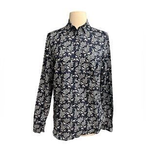 J Crew Shirt Blouse 4 Tall Navy Blue Deer Print Forest Buttons Popover Cotton
